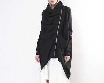 Asymmetrical Wool Draped Coat: Avant-Garde Goth Costume