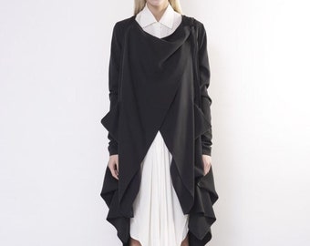 Veste d’avant-garde, long manteau de laine, manteau asymétrique noir, design unique, goth plus taille
