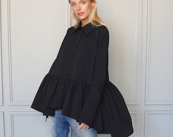 Black Ruffle Blouse: Smocked Waist, Long Sleeve Viscose Blend