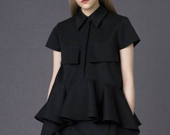 Black peplum blouse / Black asymmetrical top / Black oversized top / Black minimalist blouse / Black tunic blouse / Black shirt