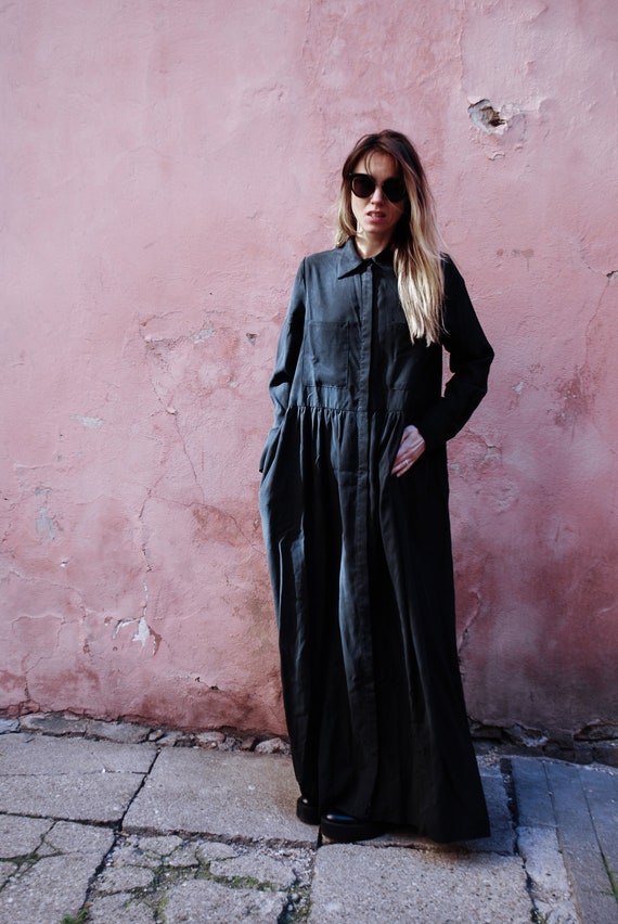 Handmade Boho Maxi Dress: Long Sleeve Modal Shirt Dress