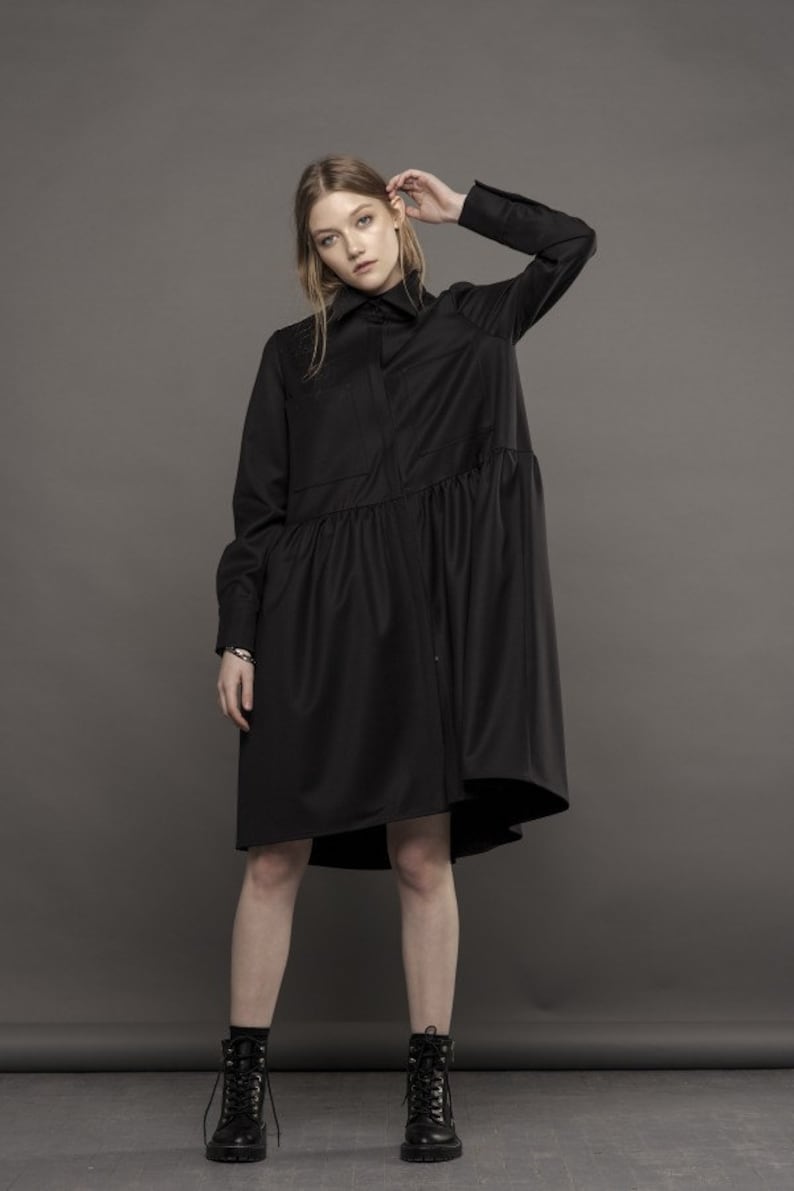 Wool Winter Dress / Formal Dress/ Black Dress / Shirt Dress / Aesthetic Clothing / Black Midi Dress / Plus Size Tunic / Goth Dress image 2