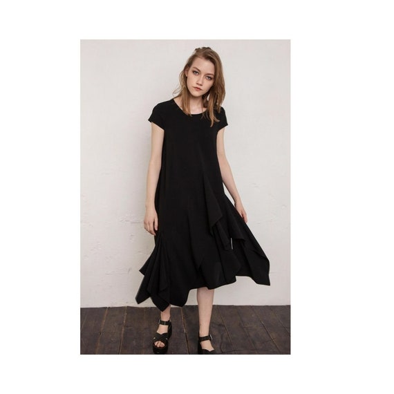 Black Viscose Babydoll Midi Dress: Asymmetrical Cocktail Party Dress - Etsy