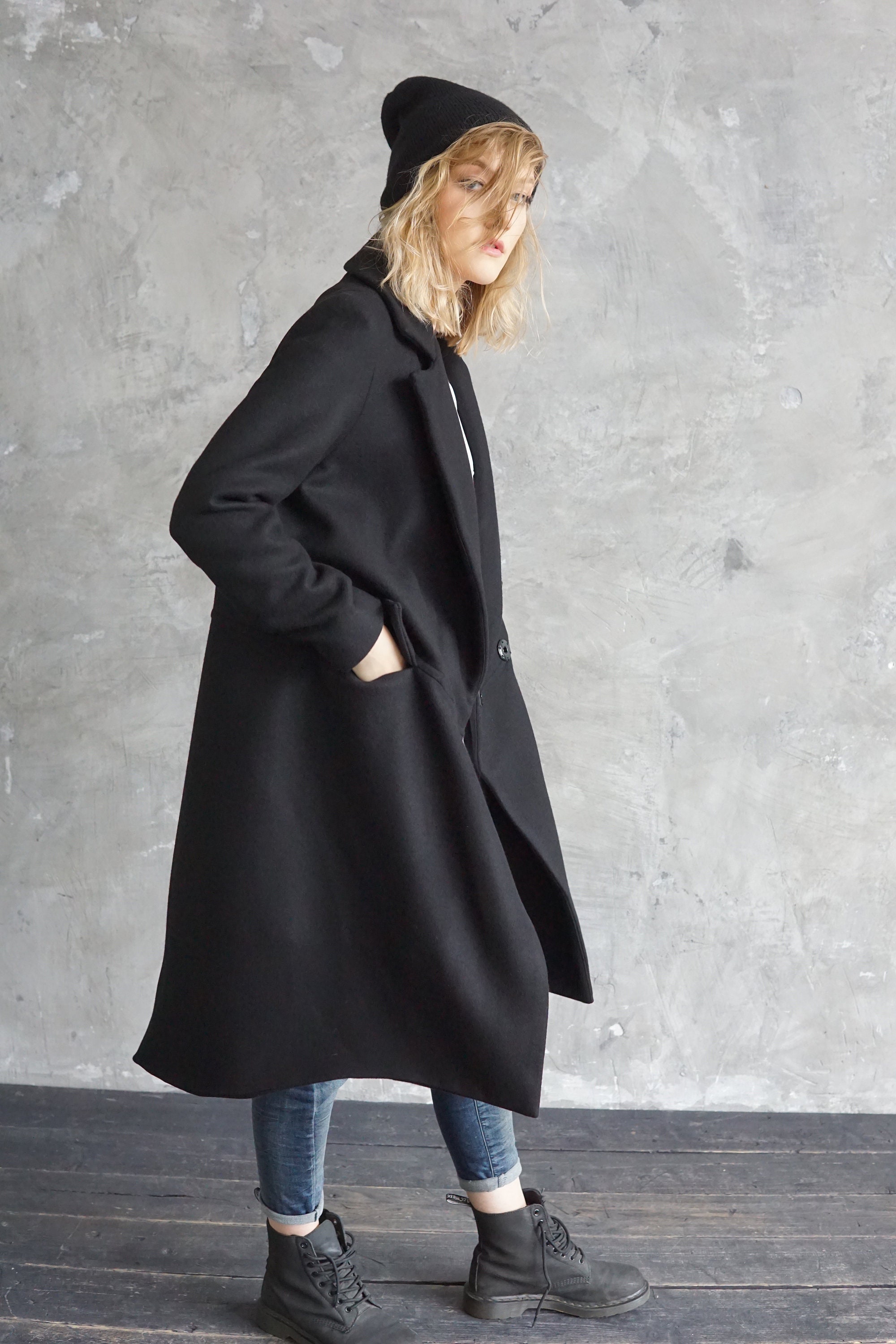 Black Wool Coat / Black Oversized Coat 