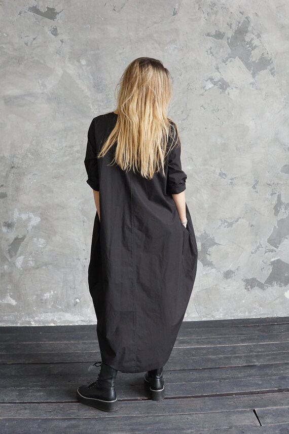long sleeve cocoon dress Black Cotton Cocoon Dress: Long Sleeve Turtleneck, Plus Size