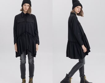 New COLLECTION Black Oversized Shirt | Asymmetric Top Long Sleeves