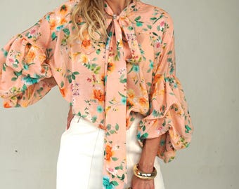 Pink Floral Blouse for Women, Tie Neck Blouse, Romantic Peasant Top, 3/4 Puff Sleeve Blouse, Oversized Boho Shirt, Wedding Guest Outfit