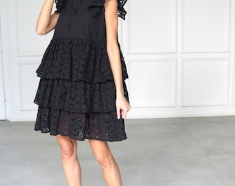 Embroidered Black Cotton Midi Dress: Ruffle Cap Sleeves, Boho Summer Style