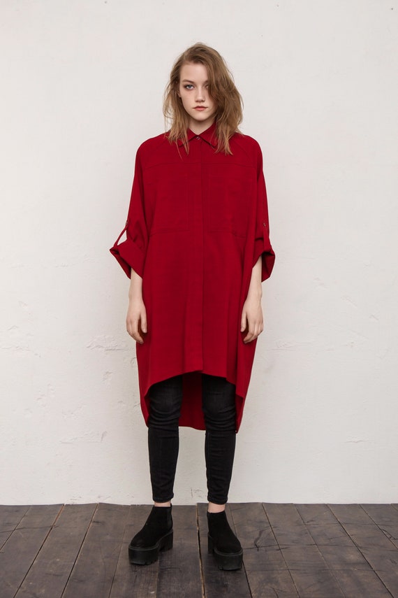 red oversized shirt dress