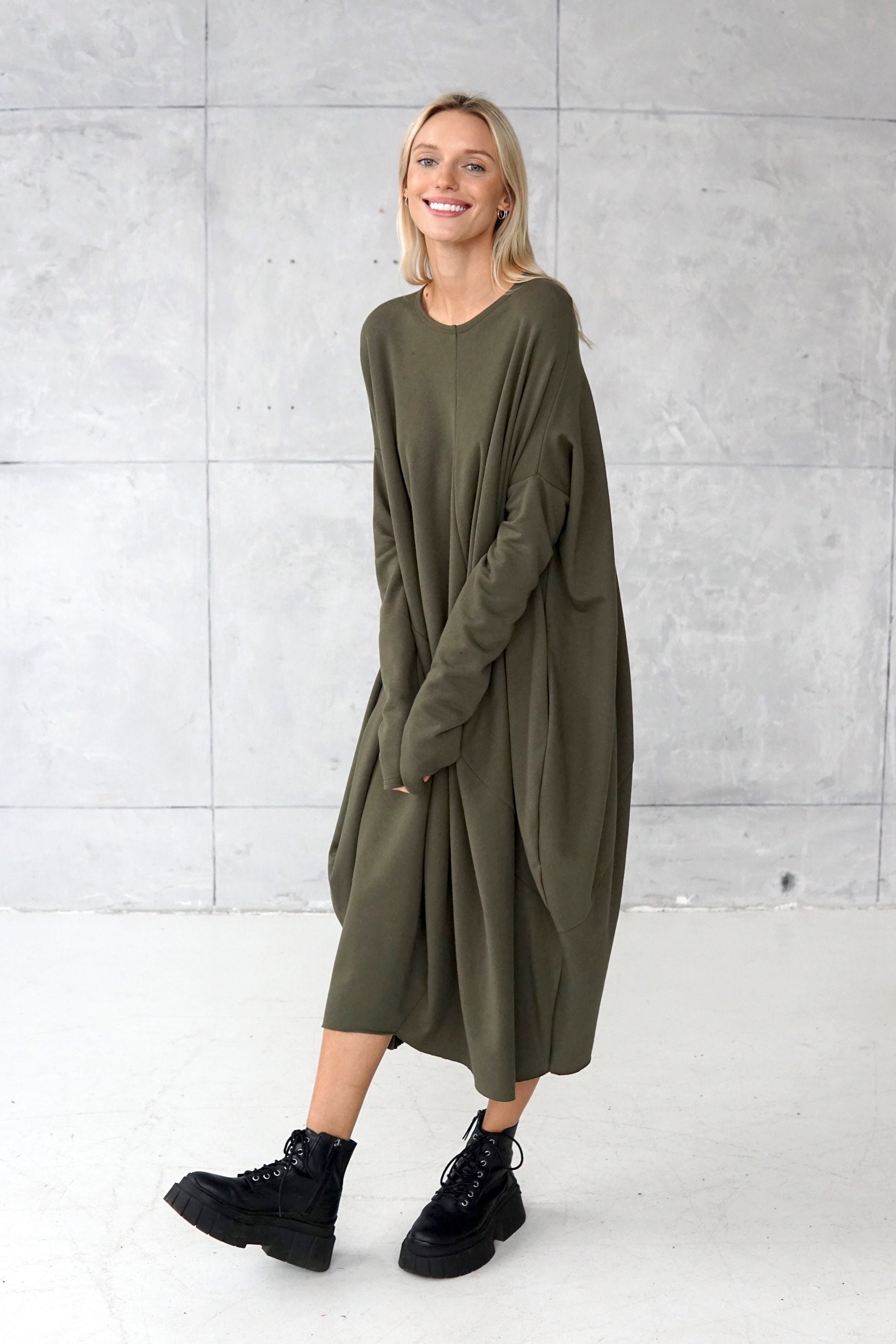 Green Cotton Jersey Dress: Oversized Long Sleeve Tunic