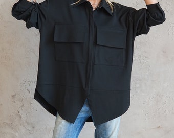 Camisa moderna / Túnica tallas grandes / Blusa holgada / Camisa viscosa negra / Camisa abotonada / Ropa tallas grandes / Ropa de mujer