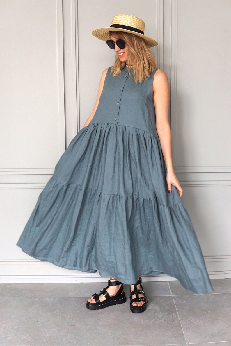 Long Linen Dress / Maxi Dress Blue / Blue Linen Dress / Linen Maxi Dress / Linen Summer Dress image 2