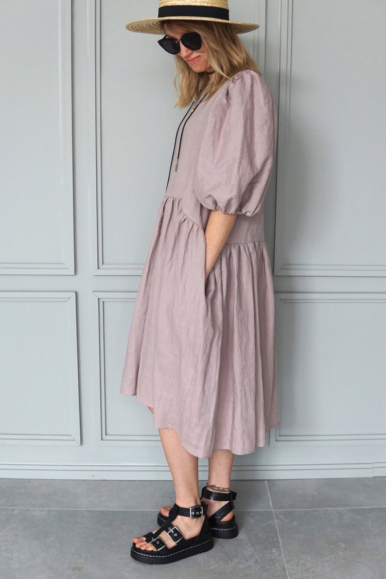 Pink linen dress Boho linen tunic Summer linen dress Midi linen dress Vintage linen dress Romantic linen dress image 5