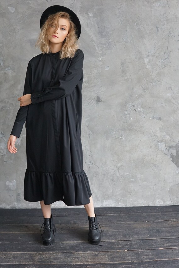 Handmade Black Viscose Midi Dress: Ruffle Hem, Long Sleeves