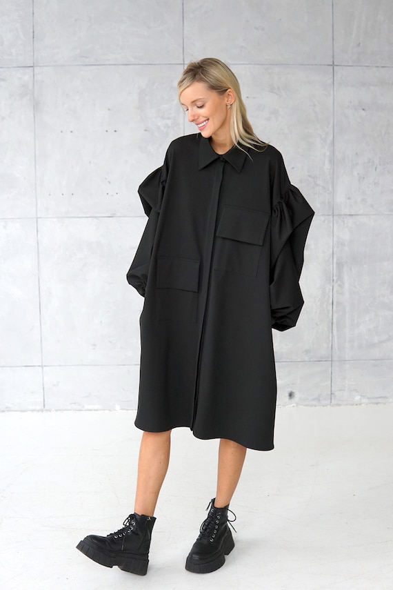 open lace back dress Miller | Button Down Puff Sleeve Black Shirt Dress main image 1