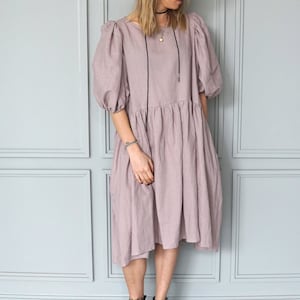 Pink linen dress Boho linen tunic Summer linen dress Midi linen dress Vintage linen dress Romantic linen dress image 1