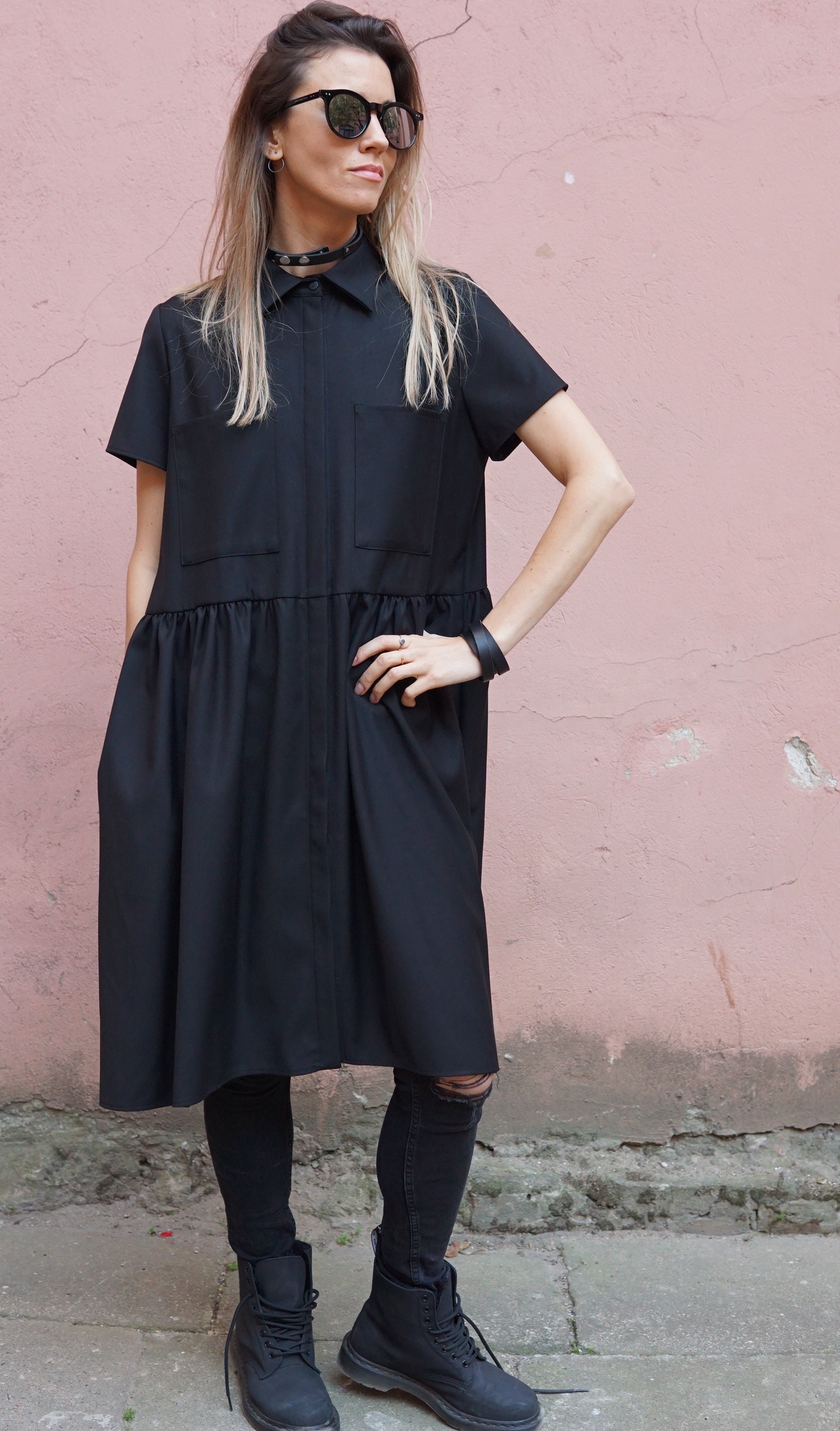Shirt dress/  Black dress / Formal dress / Dress  / Aesthetic clothing / Midi dress / Gift for her / Plus size / Casual dress / Goth