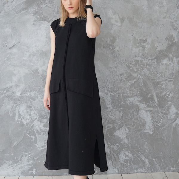 Vestido de jersey negro sin mangas: túnica de algodón extragrande con bolsillos