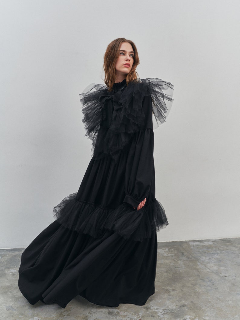 Long black royal dress, Floor length dress, Black gown, Black maxi dress, Puff sleeve dress, Festive dress, Evening gown, Wide dress image 2