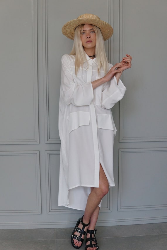 Whit Loose Shirt / Long Tunic Dress / Asymmetric Dress / Designer Dresses / Modern Summer Dressing