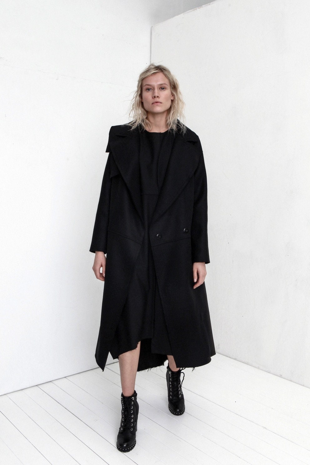 Black Wool Coat / Black Oversized Coat / Black Kimono Coat / | Etsy