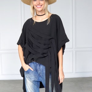 Avant-Garde Black Viscose Tunic: Asymmetric Plus Size Blouse