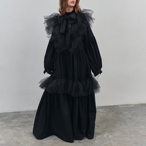 Long black royal dress, Floor length dress, Black gown, Black maxi dress, Puff sleeve dress, Festive dress, Evening gown, Wide dress image 8
