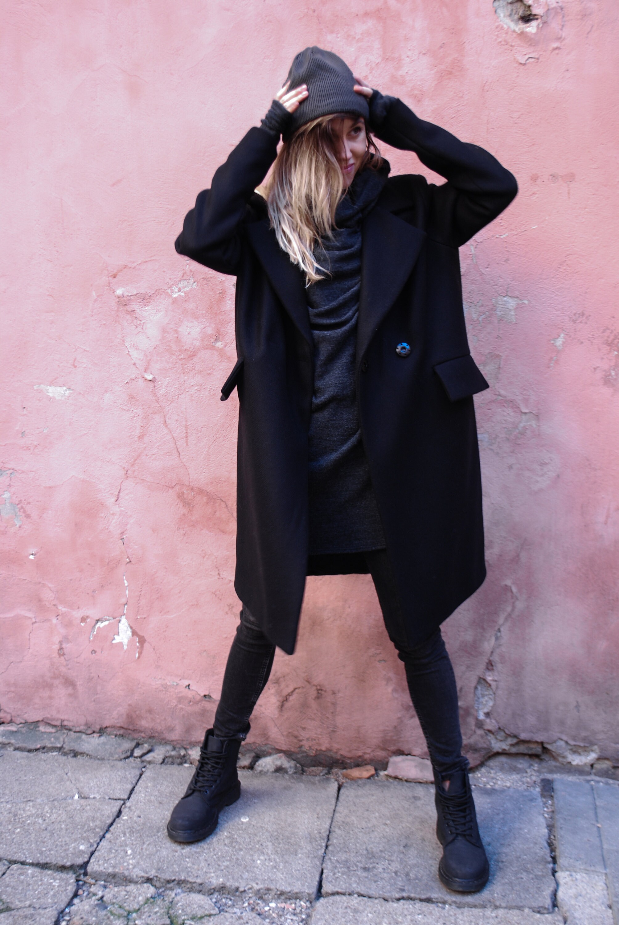 Maxi black wool coat sale