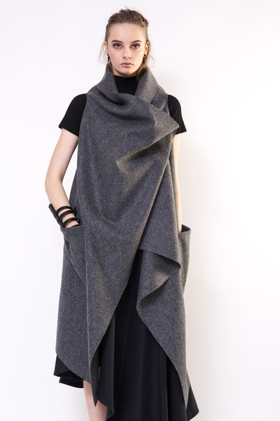 Grey Long Wide Vest / Loose Long Grey Wool Vest / Grey Sleeveless