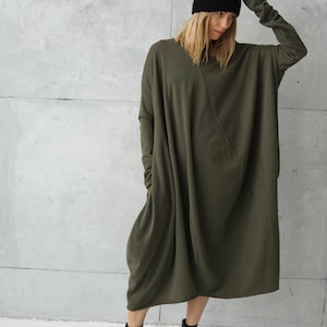 Long Jersey Dress Dresses Online Green Loose Tunic Dress Plus Size Cotton Khaki Dress Sweatshirt Dress Oversized Tunic image 4