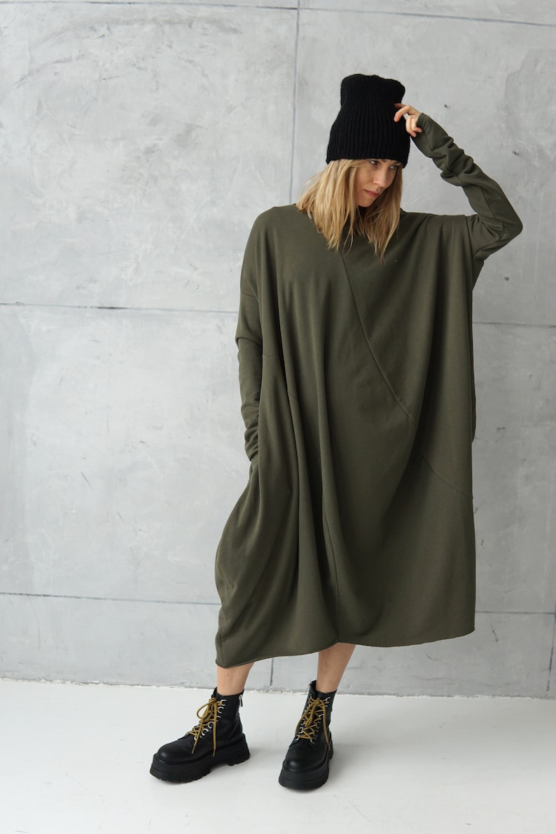 Long Jersey Dress Dresses Online Green Loose Tunic Dress Plus Size Cotton Khaki Dress Sweatshirt Dress Oversized Tunic image 4