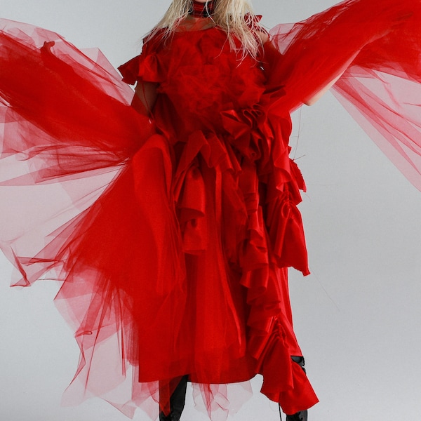 Red avant-garde dress, red dress, extravagant dress, unique dress, designer clothes, fashion dress, slow fashion