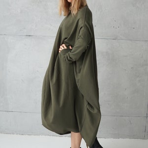 Long Jersey Dress Dresses Online Green Loose Tunic Dress Plus Size Cotton Khaki Dress Sweatshirt Dress Oversized Tunic image 8