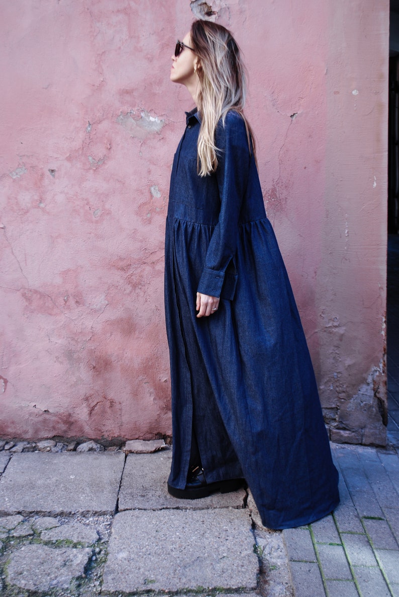 Maxi denim dress / Long dress / Oversize dress / Shirt dress / Maternity dress / Long sleeves / Casual dress / Cotton dress / Plus size image 5