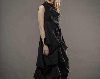 Black Draped Maxi Dress: Avant-Garde Evening Gown