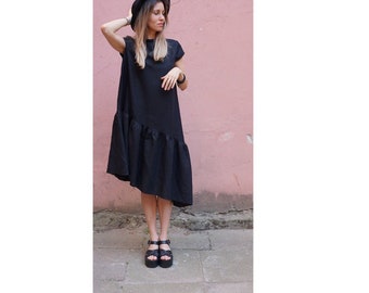 Asymmetrical Black Linen Dress BARCELONA, Summer Tunic for Women short sleeves