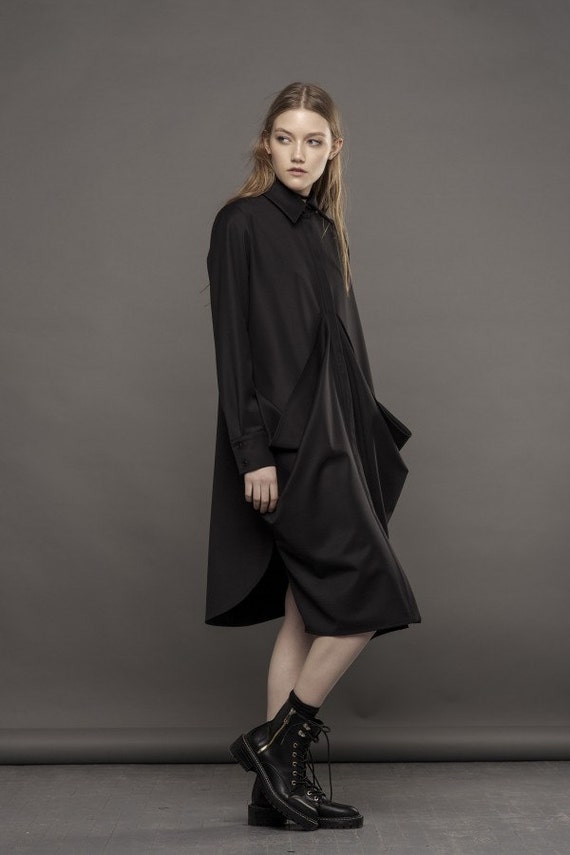 Black Wool Blend Shirtdress: Draped Long Sleeve Midi Dress Black Wool Blend Shirtdress: Draped Long Sleeve Midi Dress