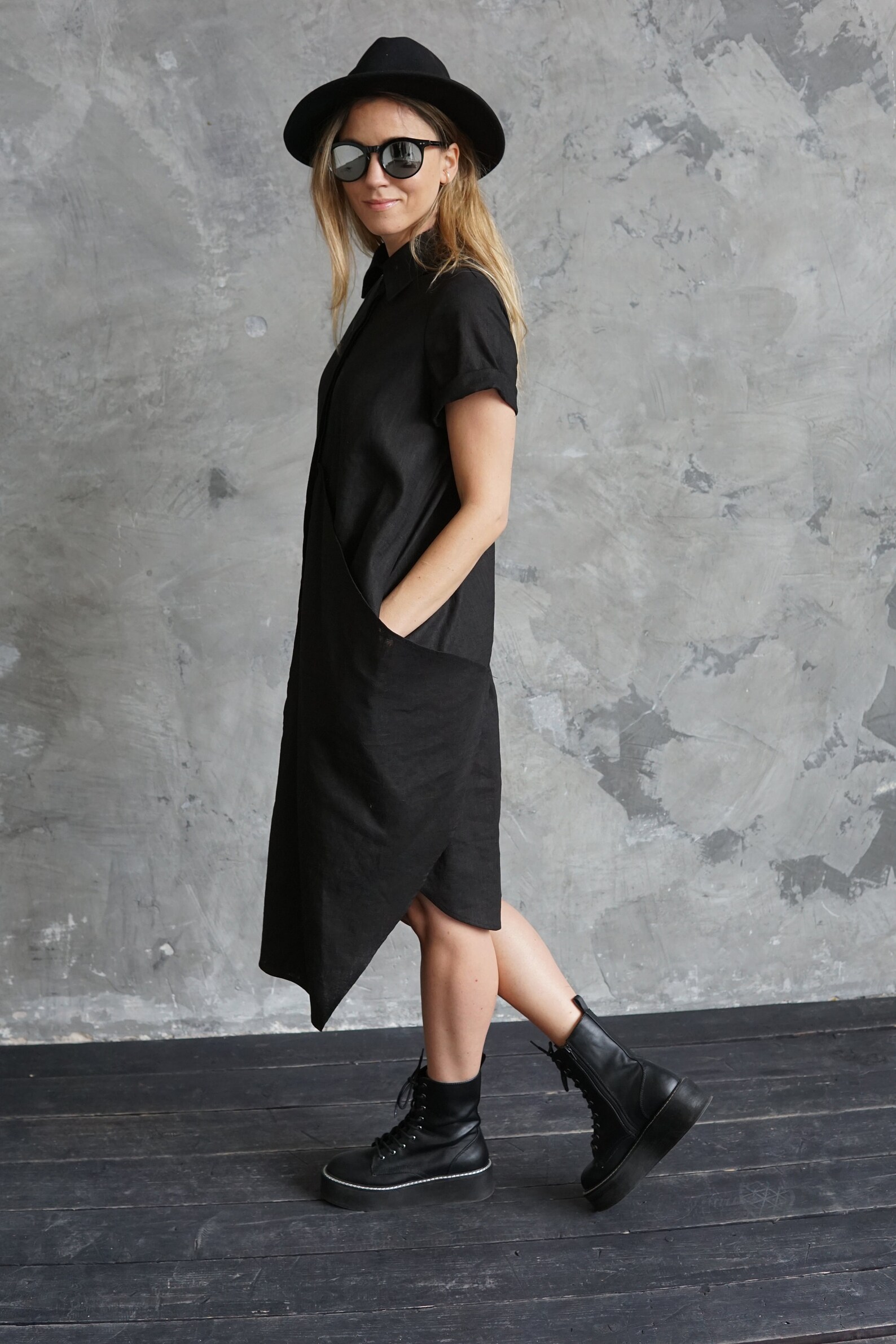 Black Linen Shirtdress Black Linen Dress Black Linen Etsy