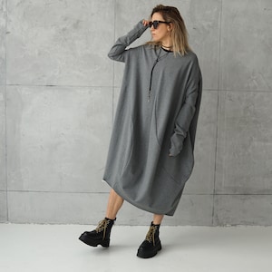 Gray jersey dress Casual dress Gray loose tunic Long sweatshirt dress Cotton dress Casual wear dress image 3