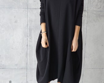 Robe en jersey | Robe décontractée | Tunique ample noire | Robe sweatshirt | Robe en coton | Robe décontractée