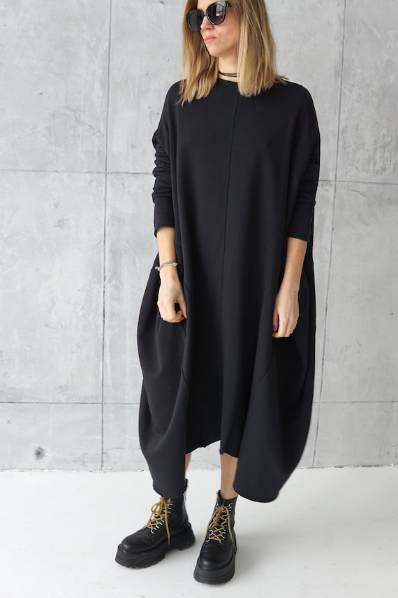 Jersey Dress Casual Dress Black Loose Tunic Sweatshirt Dress Cotton Dress Casual Wear Dress Etsy