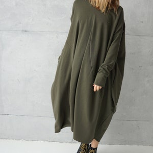 Long Jersey Dress Dresses Online Green Loose Tunic Dress Plus Size Cotton Khaki Dress Sweatshirt Dress Oversized Tunic image 6