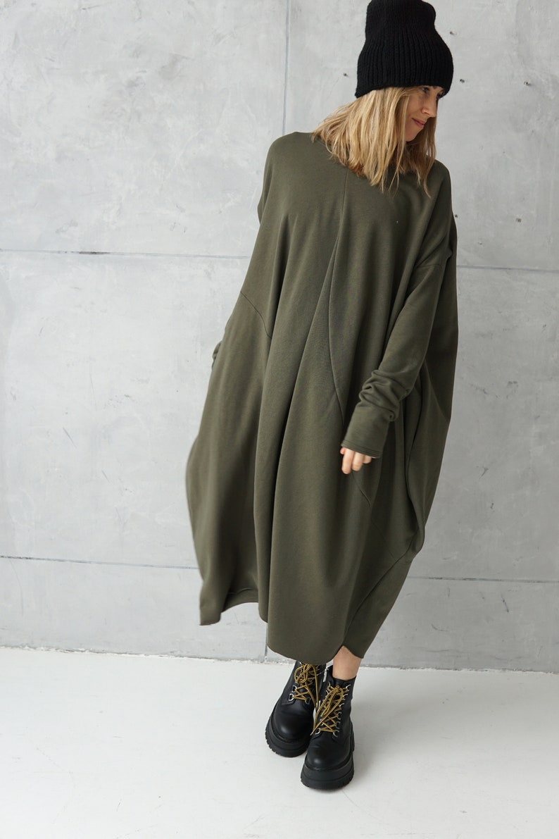 Long Jersey Dress Dresses Online Green Loose Tunic Dress Plus Size Cotton Khaki Dress Sweatshirt Dress Oversized Tunic image 6