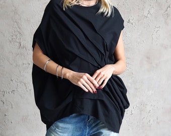 Maglione oversize / Camicetta accogliente / Tunica taglie forti / Top in cotone nero / Silhouette Cocoon / Abbigliamento da donna / Abbigliamento Goth Taglie Forti