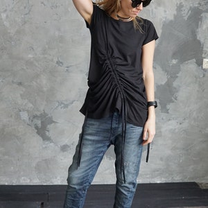 Black asymmetrical t-shirt / Black summer t-shirt / Black festival t-shirt / Black shirt image 6