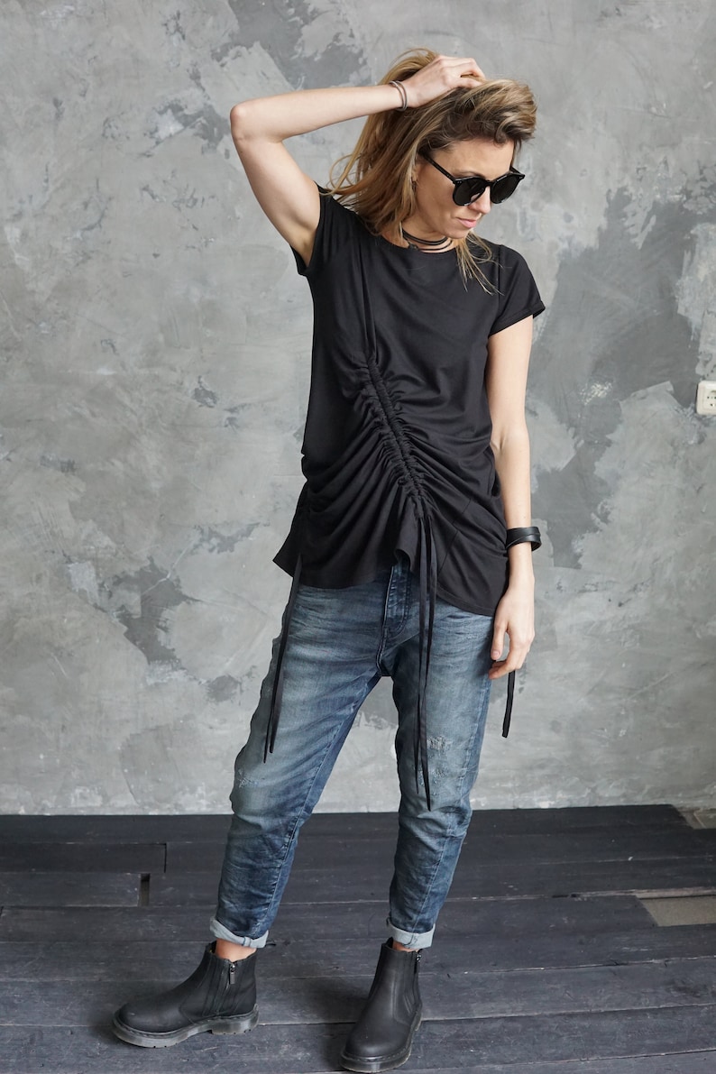 Black asymmetrical t-shirt / Black summer t-shirt / Black festival t-shirt / Black shirt image 6