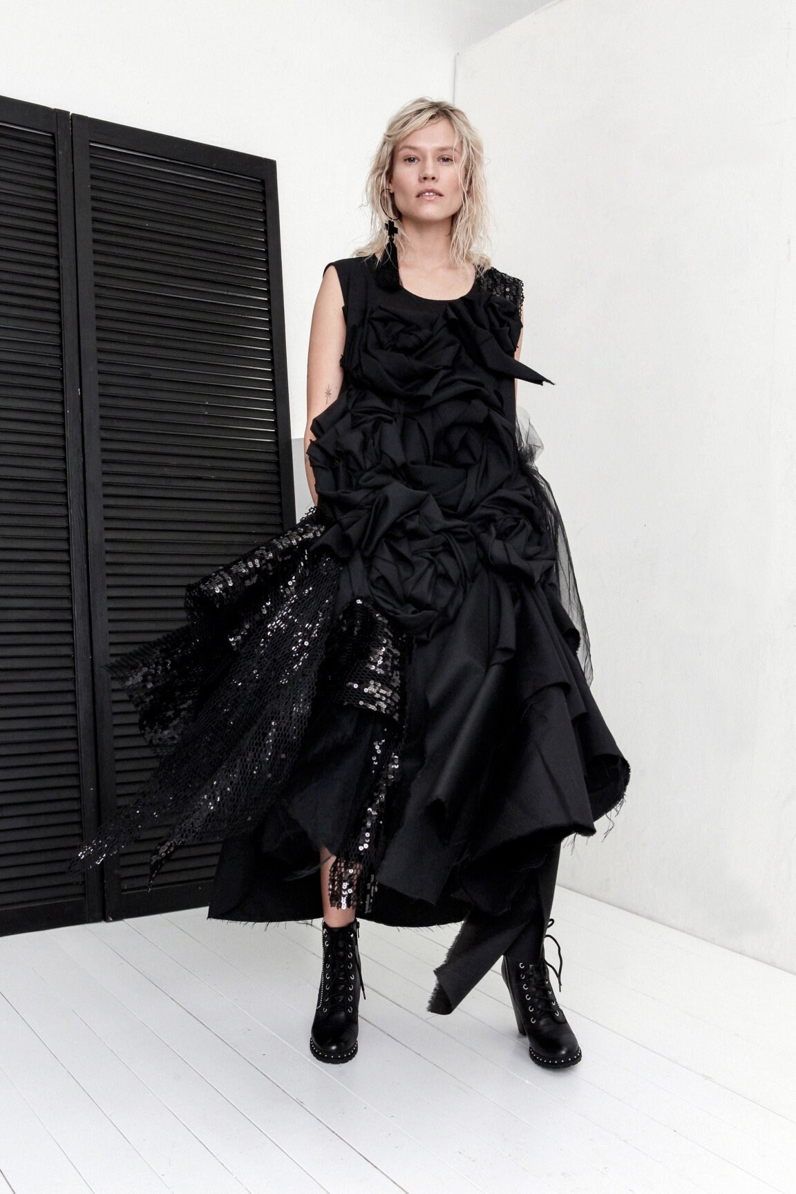 スカート PHILOSOPHY Weaved dress Black Black Knee Length Dress, Elegant Wide Trapeze Tunic Dress