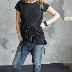 Black asymmetrical t-shirt / Black summer t-shirt / Black festival t-shirt / Black shirt image 3