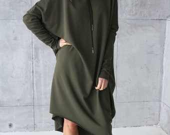 New COLLECTION | Green Sweater Dress | Oversized Tunic | Green Asymmetrical Sweatshirt | Jersey Cotton Dress