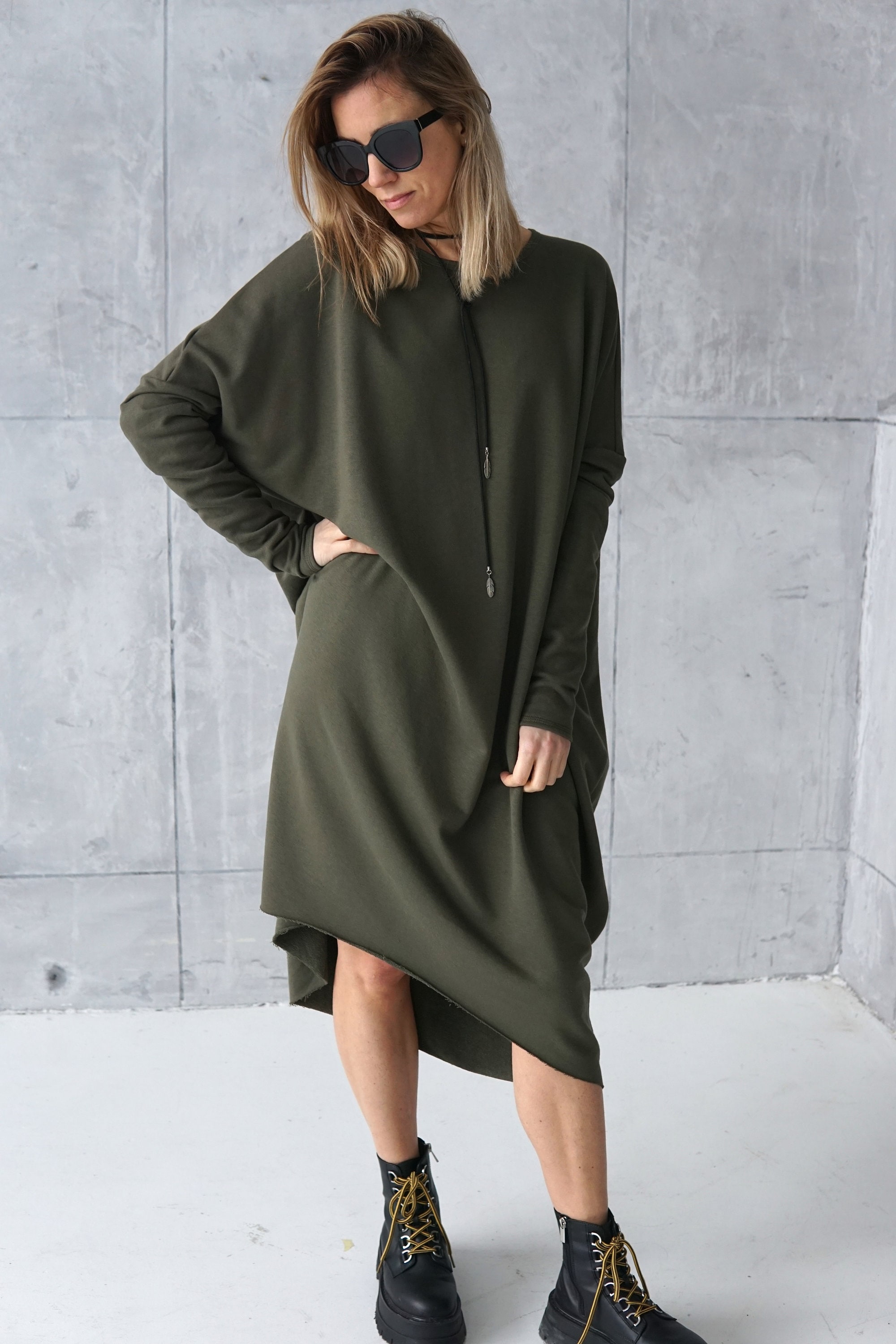 Khaki Cotton Jersey Dress: Oversized Asymmetrical Tunic - Etsy